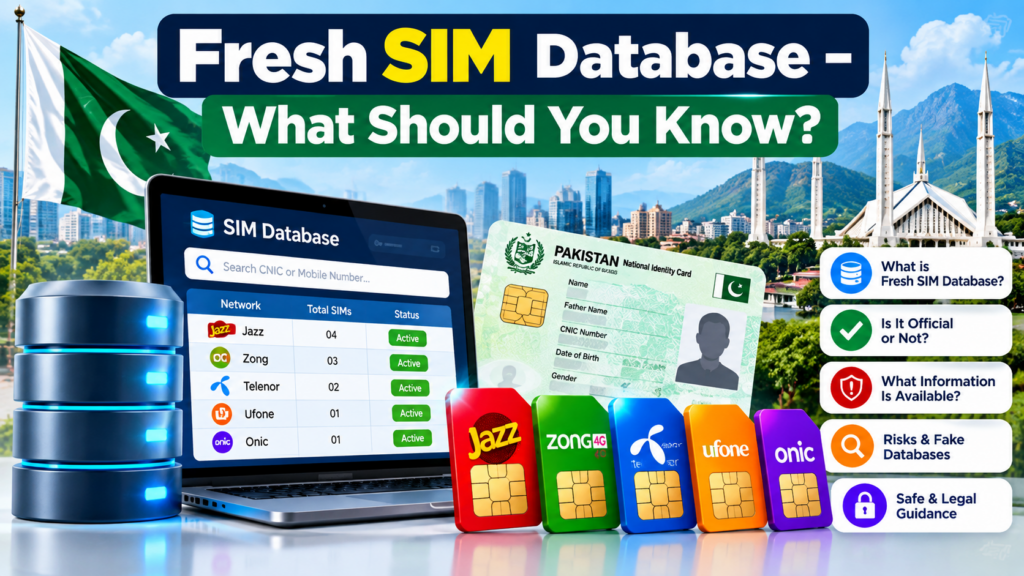 Fresh SIM Database Pakistan showing SIM data, CNIC verification, mobile networks and database safety guidance