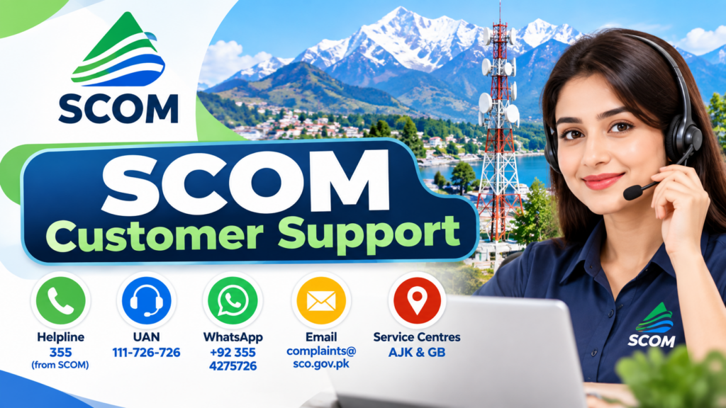 SCOM Customer Support Pakistan showing helpline, UAN, WhatsApp, email and service centres
