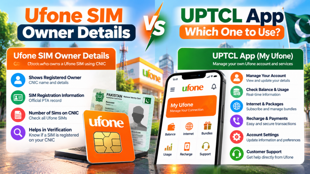 Ufone SIM Owner Details vs UPTCL App comparison showing CNIC SIM verification and Ufone account management