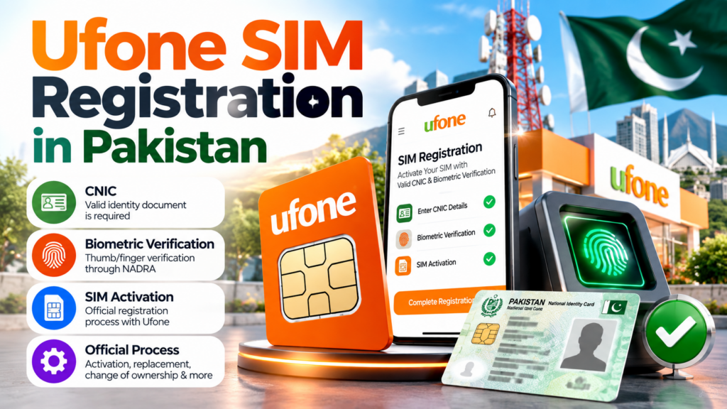 Ufone SIM Registration in Pakistan showing CNIC, biometric verification, SIM activation and official registration process