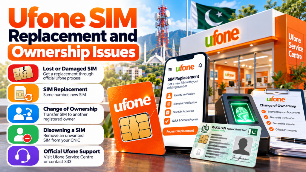 Ufone SIM replacement and ownership issues showing lost SIM replacement, change of ownership, disowning and official Ufone support