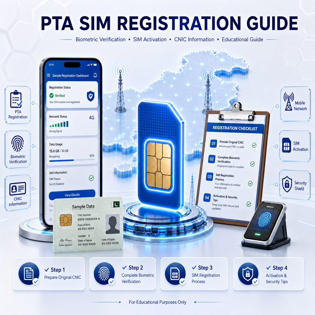 PTA SIM Registration Guide Pakistan showing biometric verification, SIM activation, CNIC information, and educational registration process.