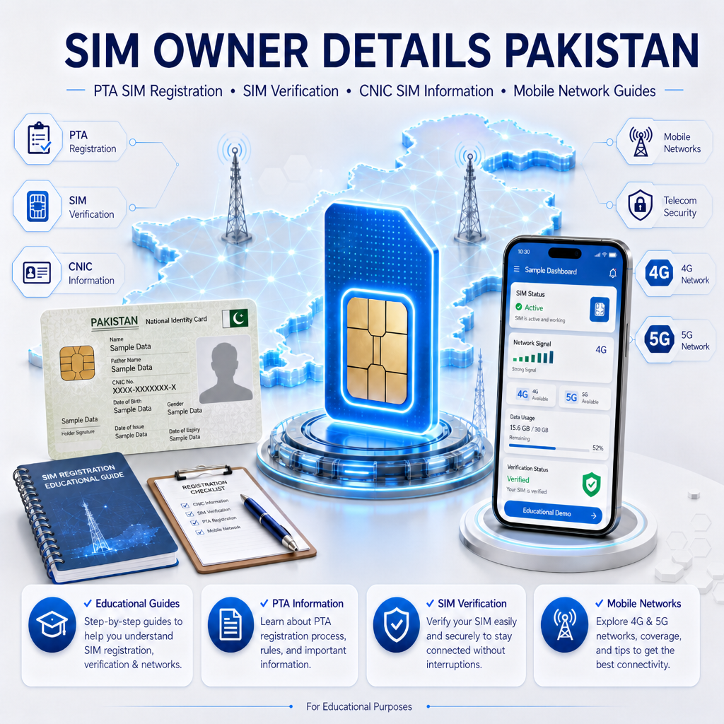 SIM Owner Details Pakistan educational banner showing PTA SIM registration, SIM verification, CNIC SIM information, and mobile network guides