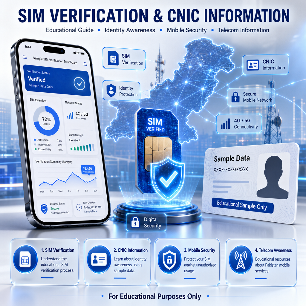 SIM Verification and CNIC Information educational guide showing sample SIM verification dashboard, identity awareness, digital security, and mobile network information in Pakistan.